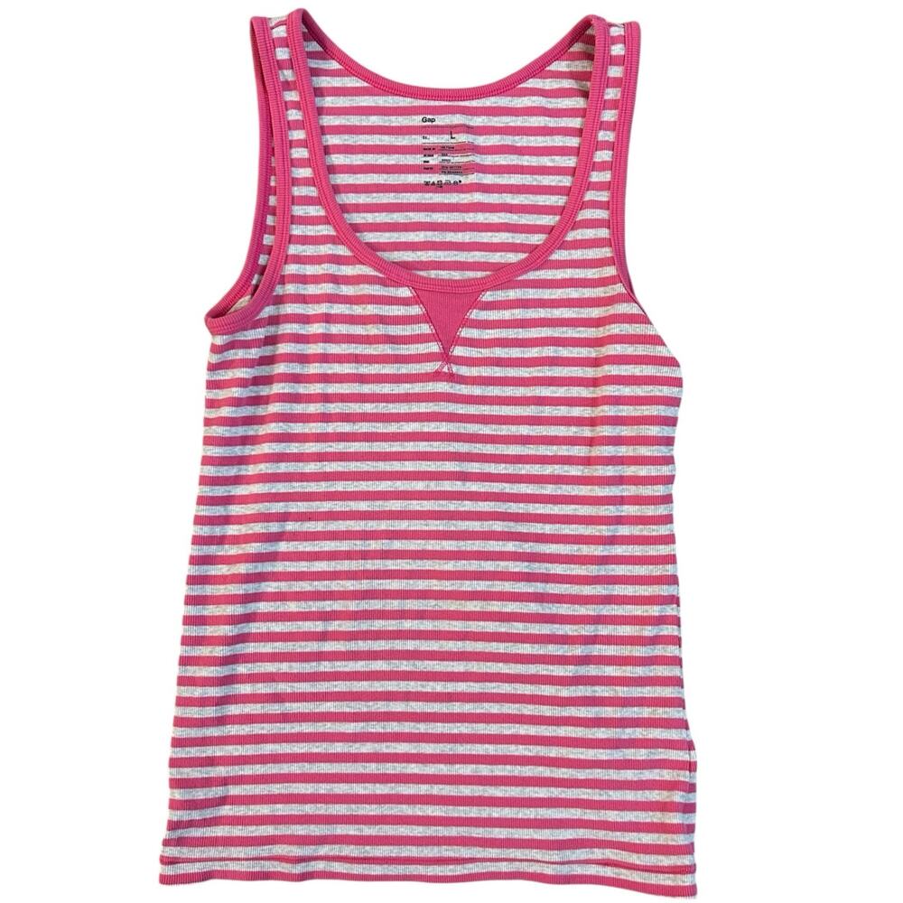 Gap Ribbed Knit Scoop Neck Tank Womens Large Pink Stripe Preppy Classic Indie